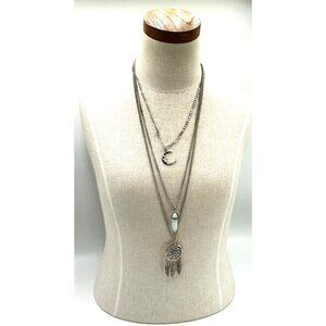 Dreamcatcher Multilayer Necklace With Crescent Moon Opal Pendant and Feathers In